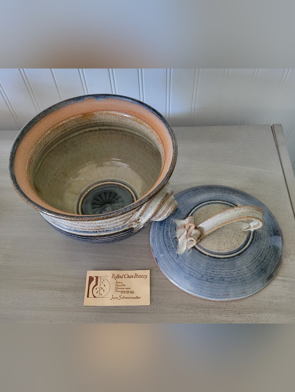 Handmade Stoneware Lidded Pot - Blue and Tan Glaze Signed & Numbered